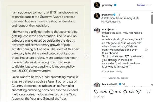 Grammy CEO says he's 'saddened' after BTS boycotts new Asian pop category Grammy-statement-BTS-not-participating-in-2026