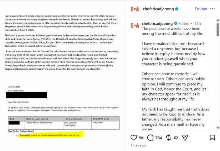 A judge issued a protective order against 'Top Chef' star Eric Adjepong involving his daughter, but police found no evidence of abuse chefericadjepong-Instagram-Post-Child-Abuse-Case