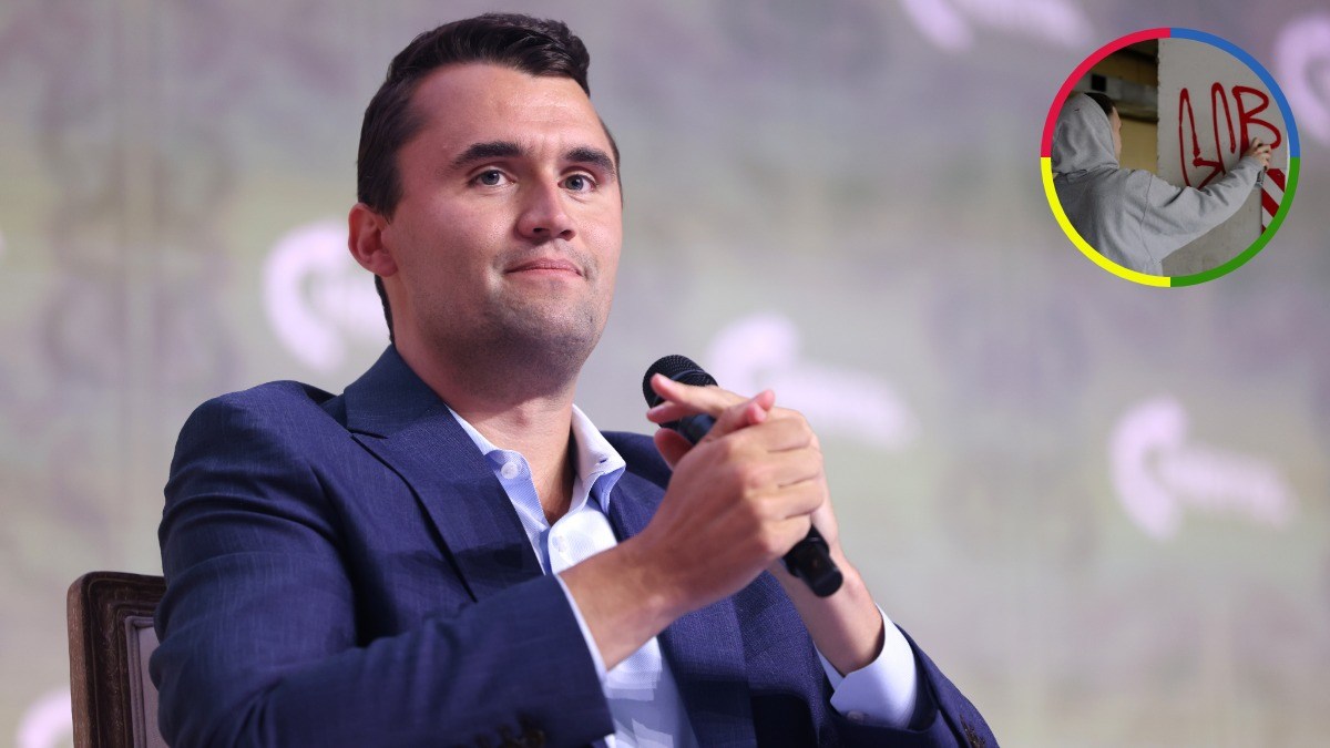 Charlie Kirk holding a microphone while seated on stage, with an inset image showing a person spray-painting red letters on a wall.