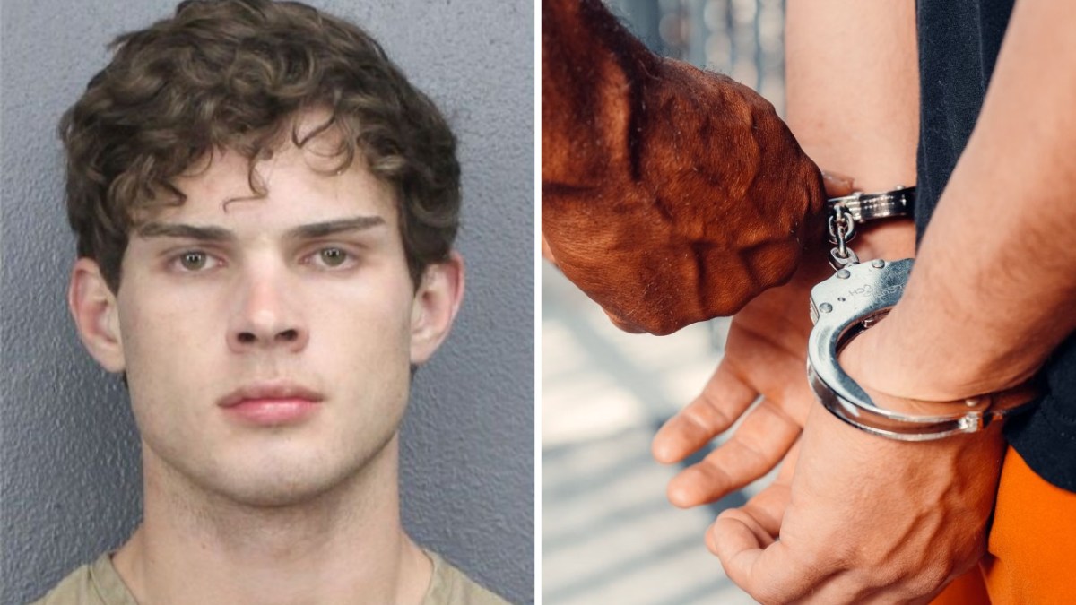 Side-by-side image showing Clavicular in a mugshot and a close-up of a person being placed in handcuffs.