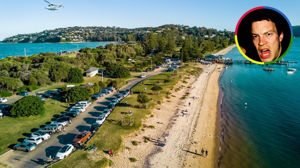 Aerial view of a beach and coastal road with an inset image of an angry man shouting.