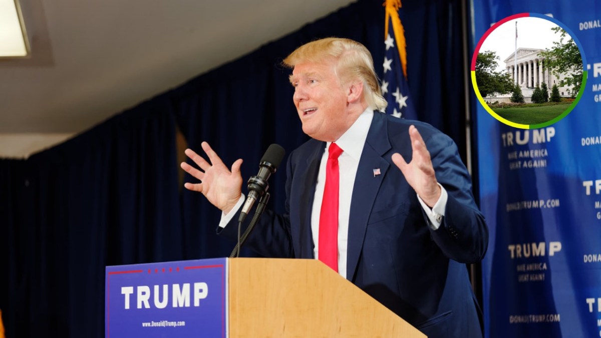 Donald Trump speaking at a campaign rally podium, with an inset image of the U.S. Supreme Court building.