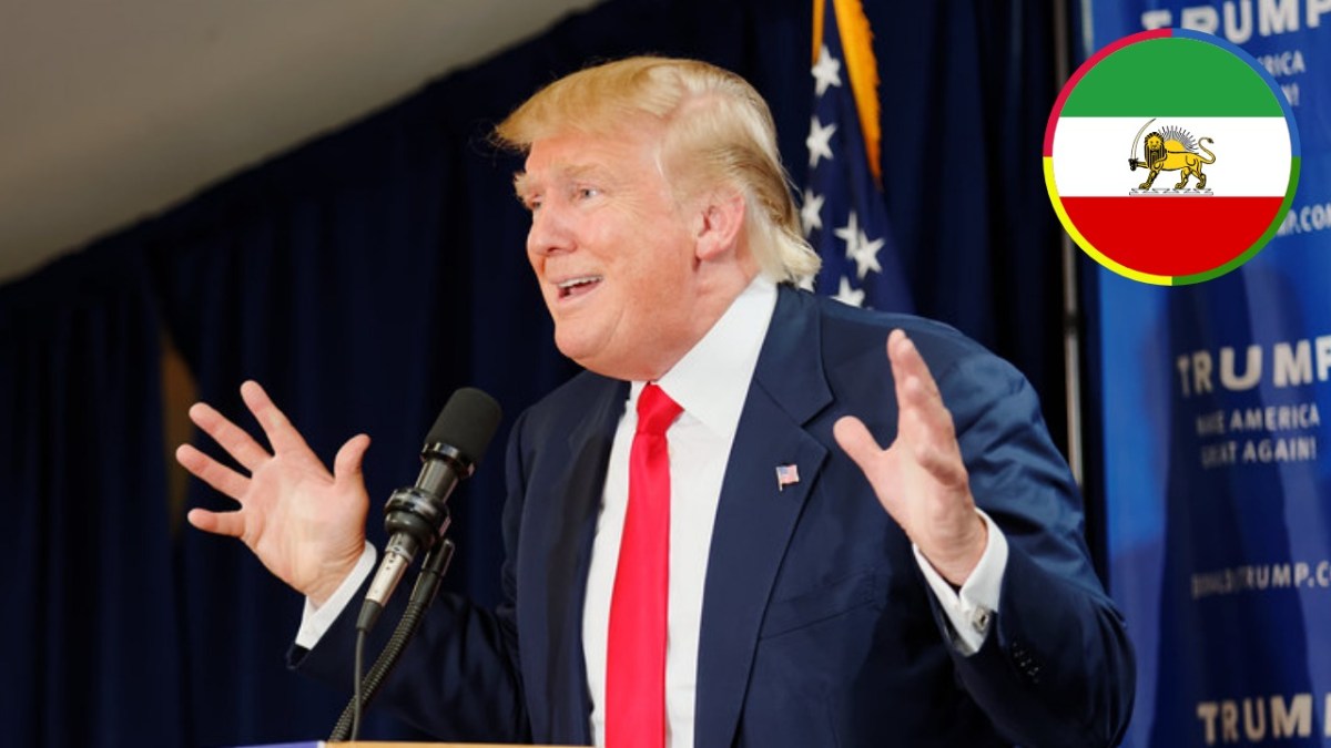 Donald Trump speaking at a microphone during a campaign event, with an inset graphic of the former Imperial State of Iran flag.