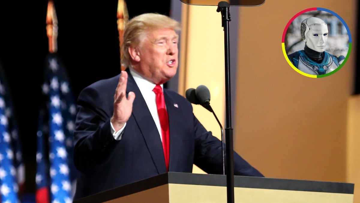 Donald Trump speaking at a podium during the 2016 Republican National Convention, with an inset image of a humanoid robot.