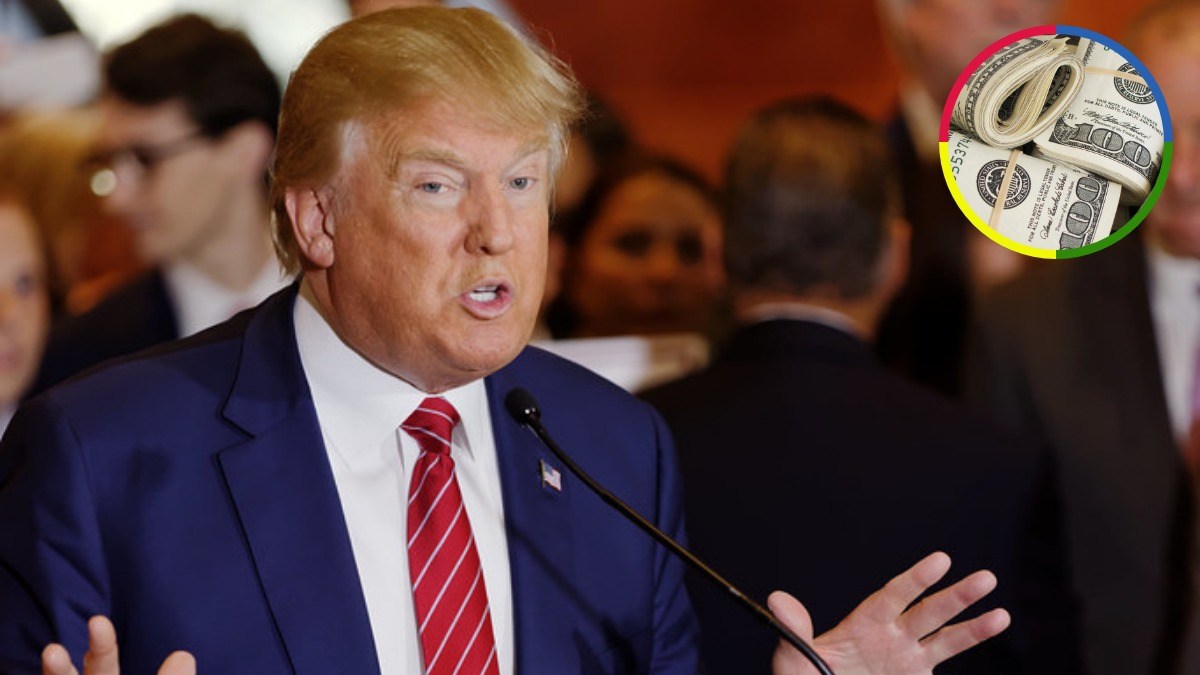 Donald Trump speaking at a microphone during an event with an inset image of rolled U.S. dollar bills.