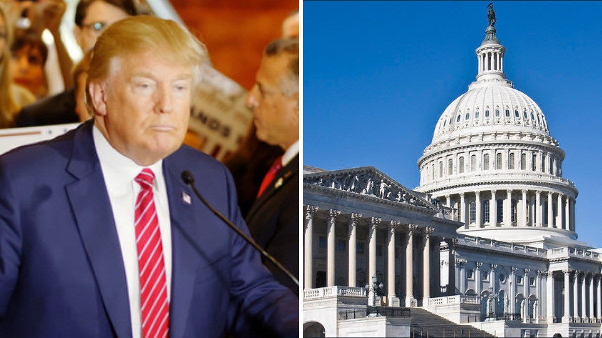 Side-by-side image showing Donald Trump speaking at a microphone and the U.S. Capitol building in Washington, D.C.