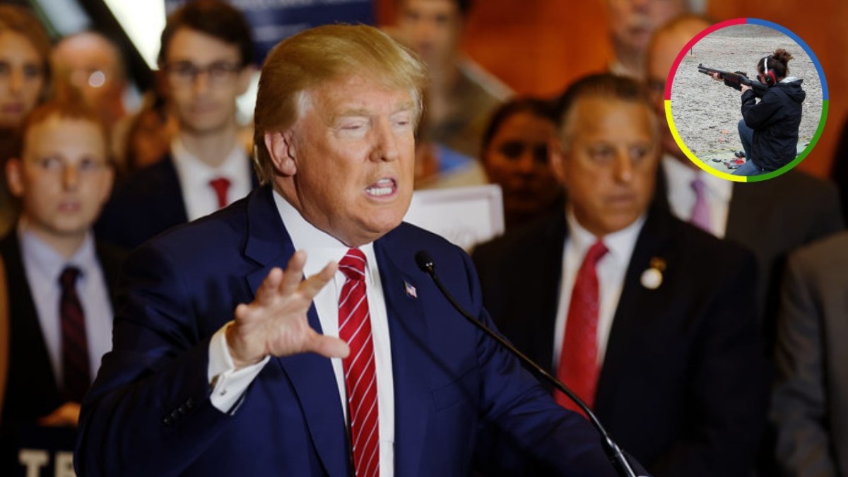 Donald Trump speaking at a microphone at an event, with an inset image of a person aiming a shotgun outdoors.