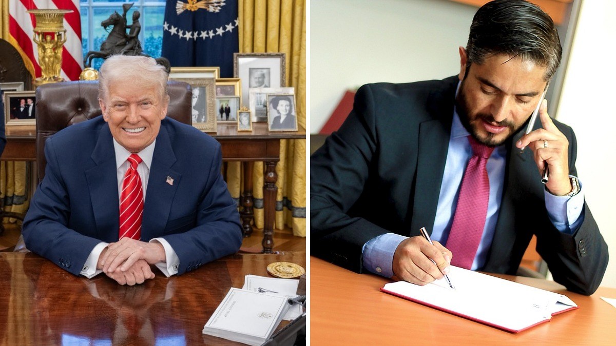 Donald Trump seated at a desk in the Oval Office beside a man in a suit speaking on the phone and taking notes.
