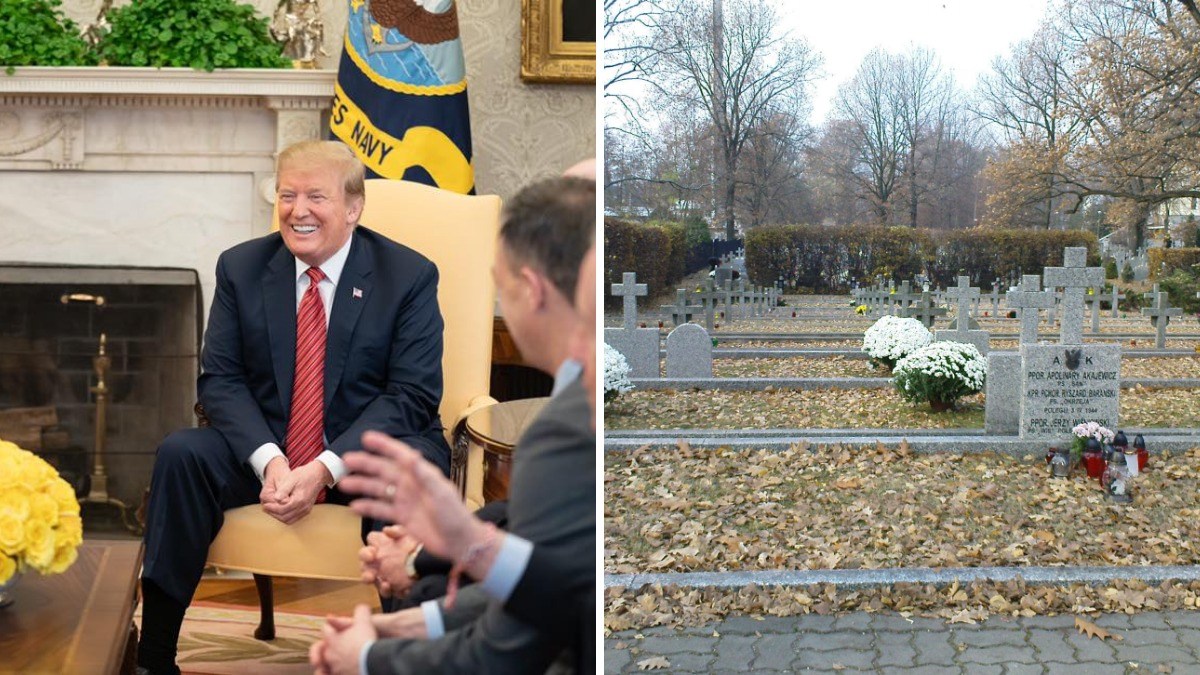 Side-by-side image showing Donald Trump in a suit seated during a meeting and a cemetery with rows of crosses and graves.