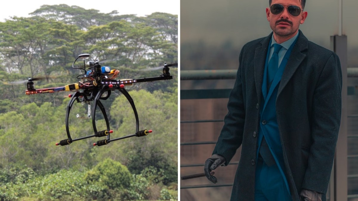 Side-by-side image showing a drone flying over a wooded area and a man in a suit, sunglasses, and gloves standing outdoors.