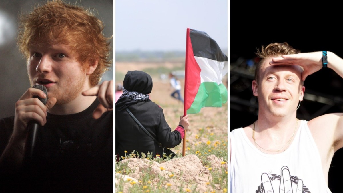 Side-by-side image showing Ed Sheeran speaking into a microphone, a person holding a Palestinian flag, and Macklemore onstage shading his eyes.