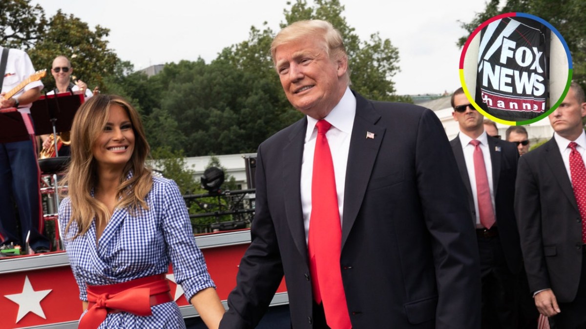 Donald Trump walking outdoors at the White House, with an inset image of the Fox News logo.