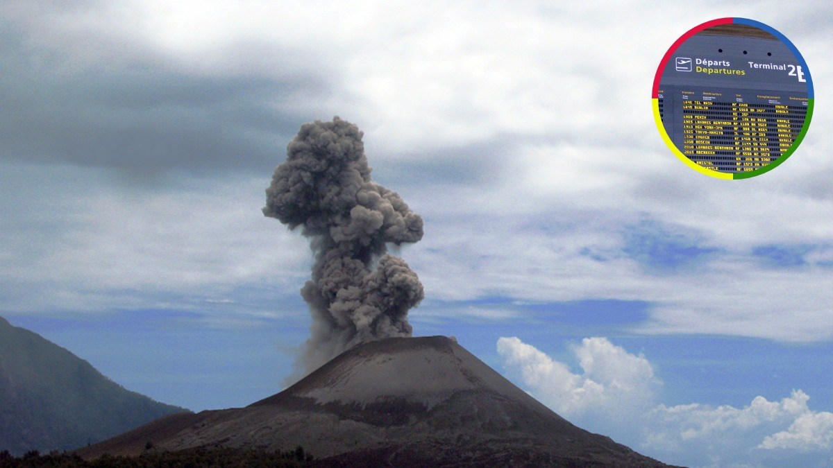 An erupting volcano in Indonesia with an inset image of an airport departures board showing flight disruptions.
