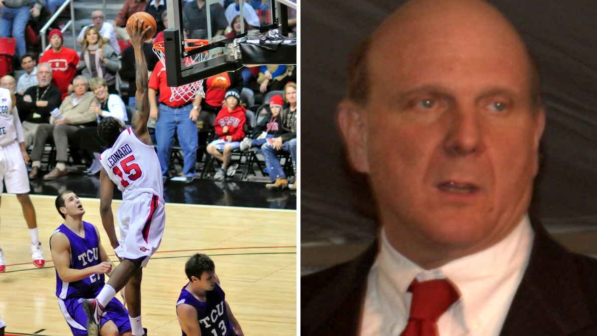 Side-by-side image showing Kawhi Leonard dunking during a game and Steve Ballmer wearing a suit and red tie.