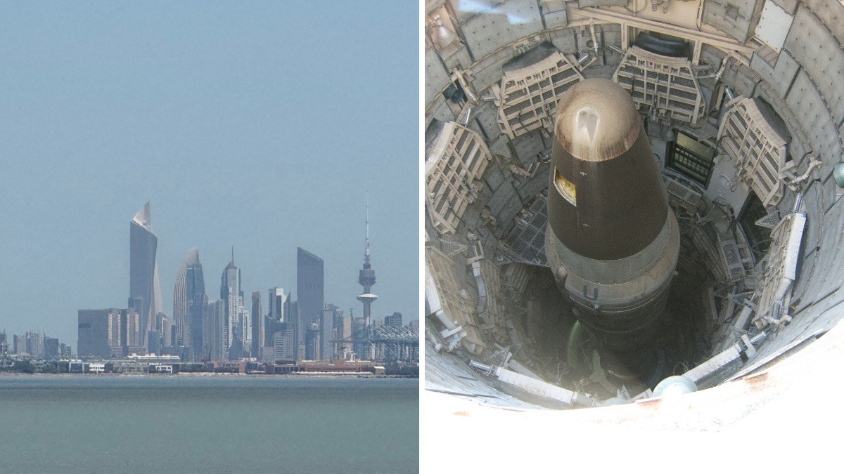 Side-by-side image showing the Kuwait City skyline and a Titan missile inside an underground launch silo.