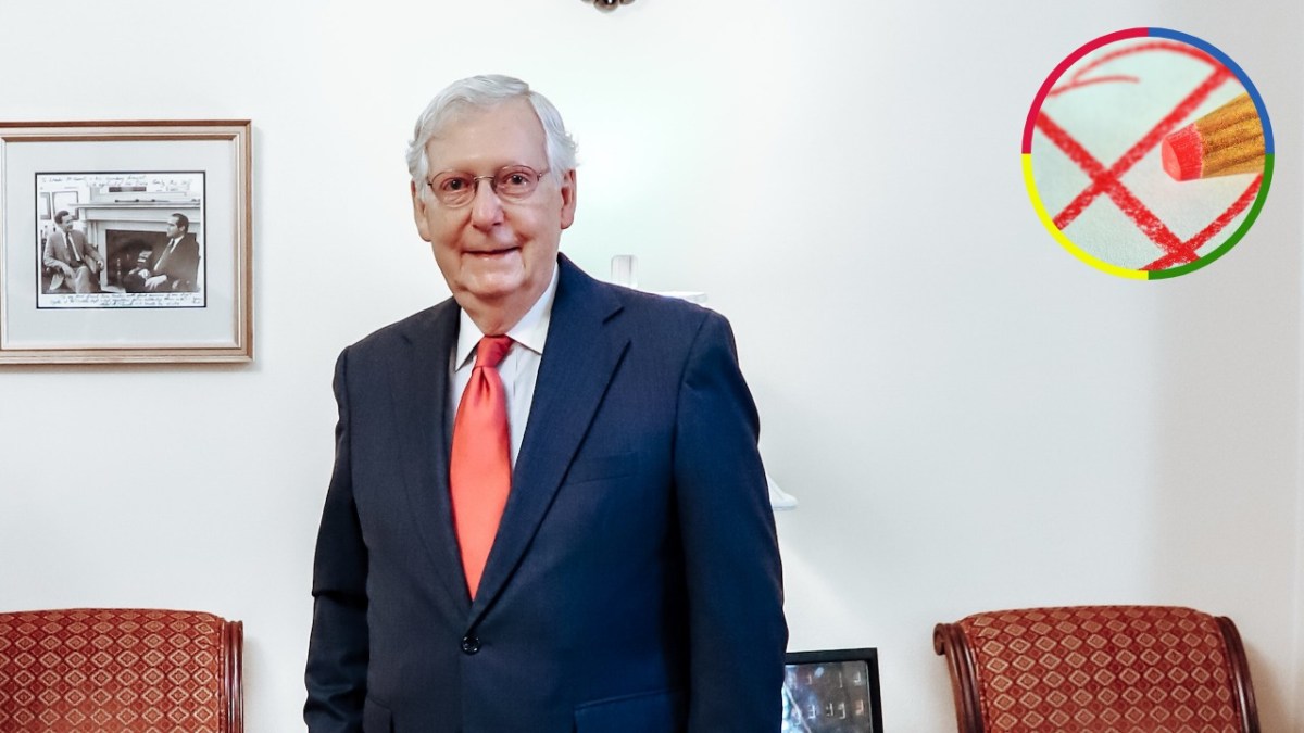 Mitch McConnell standing in an office, with an inset image showing a red X marked on a ballot.