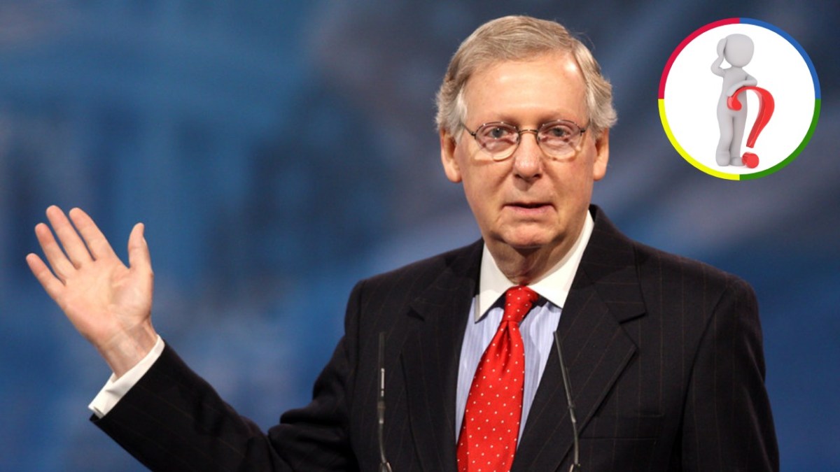Mitch McConnell speaking and raising one hand, with an inset graphic of a figure standing beside a large red question mark.