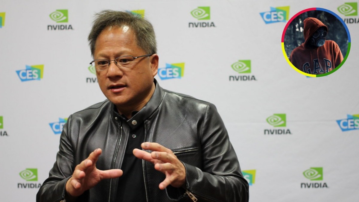 Nvidia CEO Jensen Huang speaking in front of Nvidia and CES logos, with an inset image of a hooded person wearing a gas mask.
