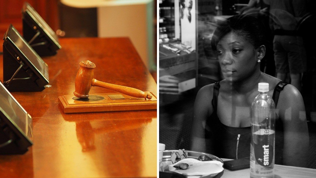 Side-by-side image showing a judge's gavel on a courtroom bench and a black woman seated indoors looking to the side.