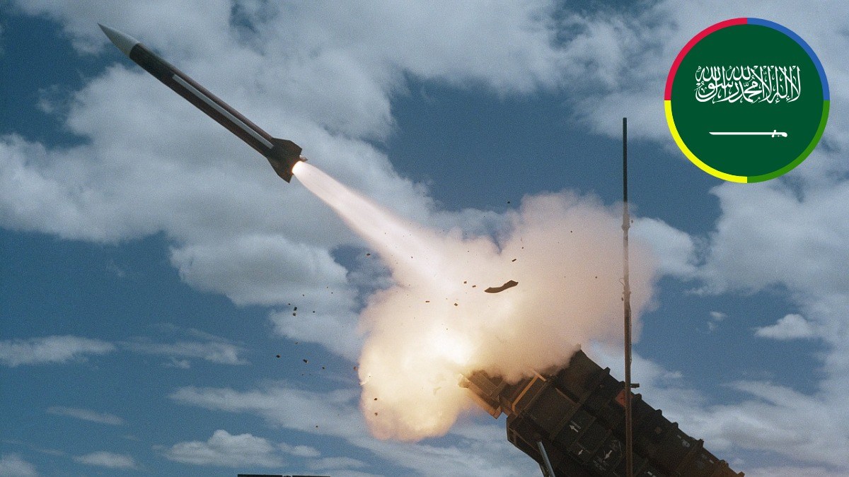 A missile launching into the sky with an inset image of the Saudi Arabian flag.