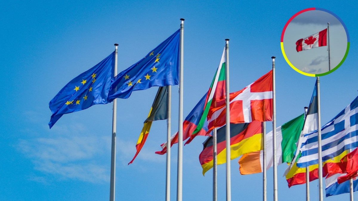 European Union and national flags flying against a blue sky, with an inset image of the Canadian flag.