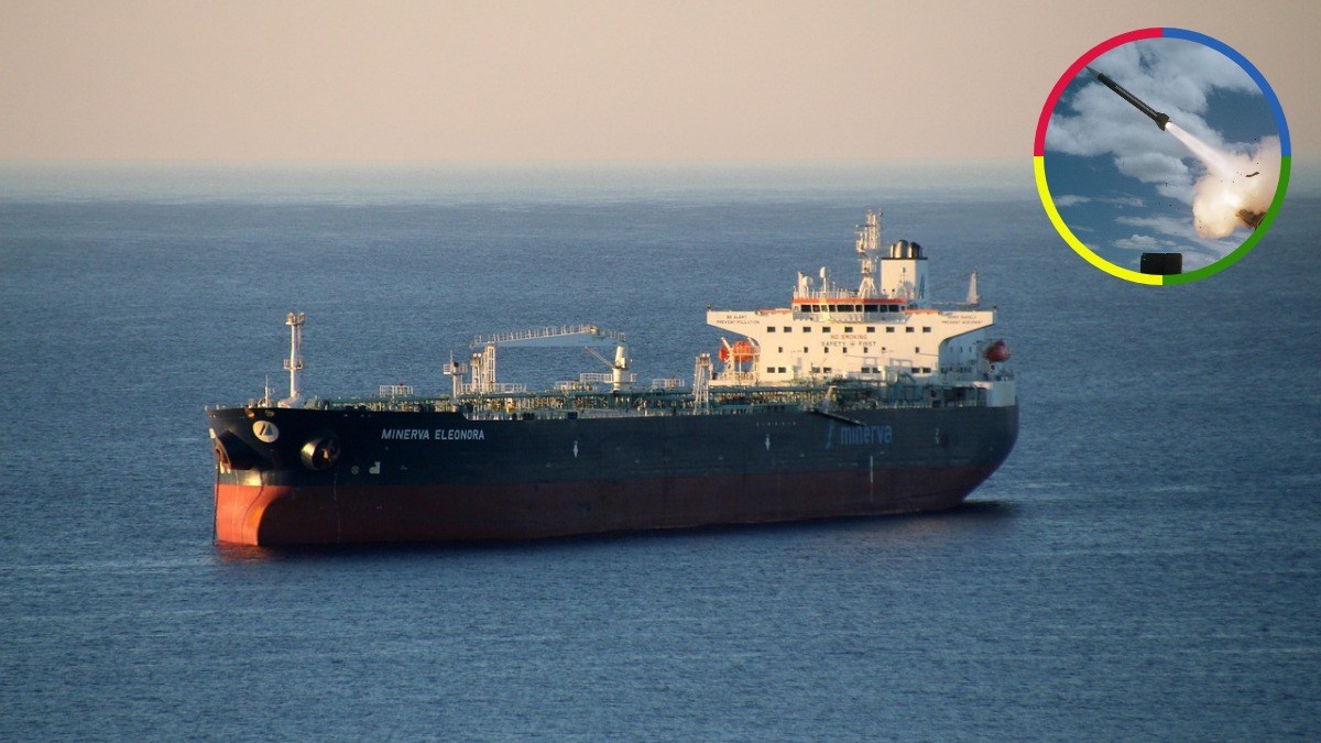 Large tanker ship sailing on open water, with an inset image of a missile launching into the sky.