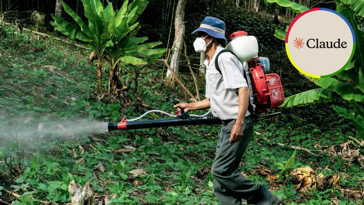 Worker wearing a mask and backpack sprayer applying mist to plants in a tropical area, with an inset graphic of the Claude AI logo.