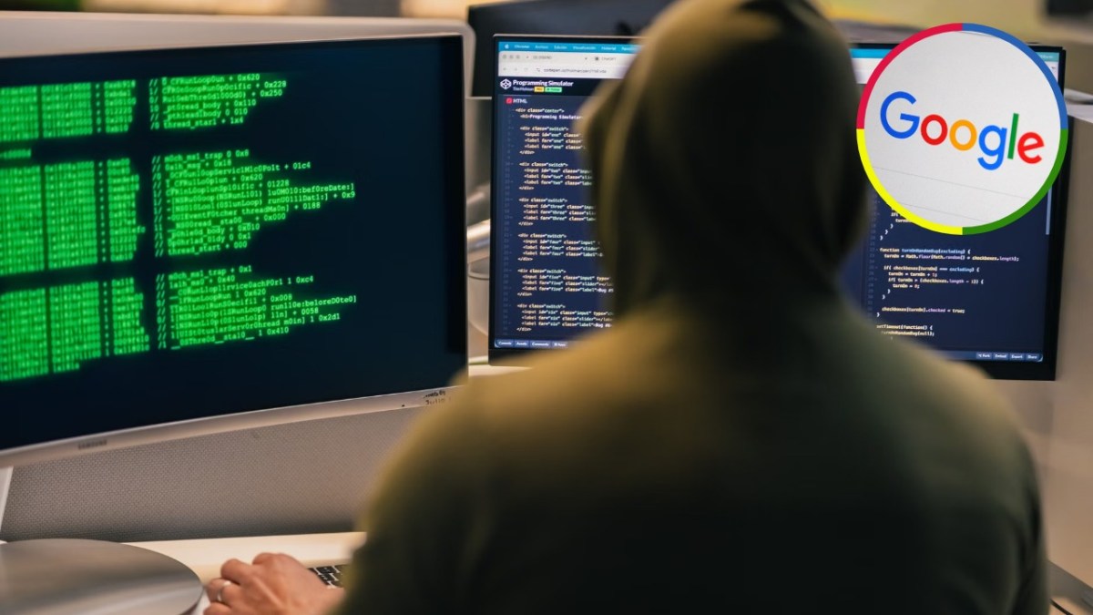 Hooded person sitting at computer monitors displaying code, with an inset image of the Google logo.