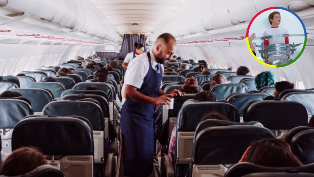 Airplane cabin filled with passengers and a flight attendant in the aisle, with an inset image of a person secured to a wall with duct tape.