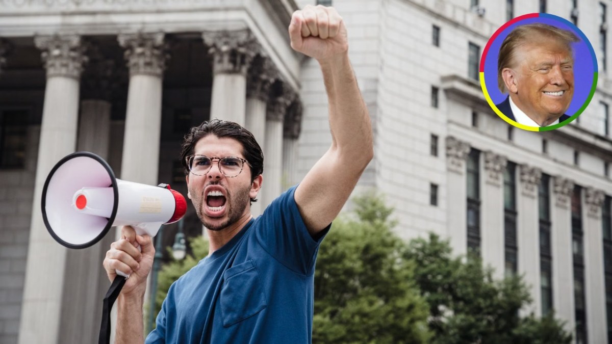 Man holding a megaphone and raising his fist outside a government building, with an inset image of Donald Trump.
