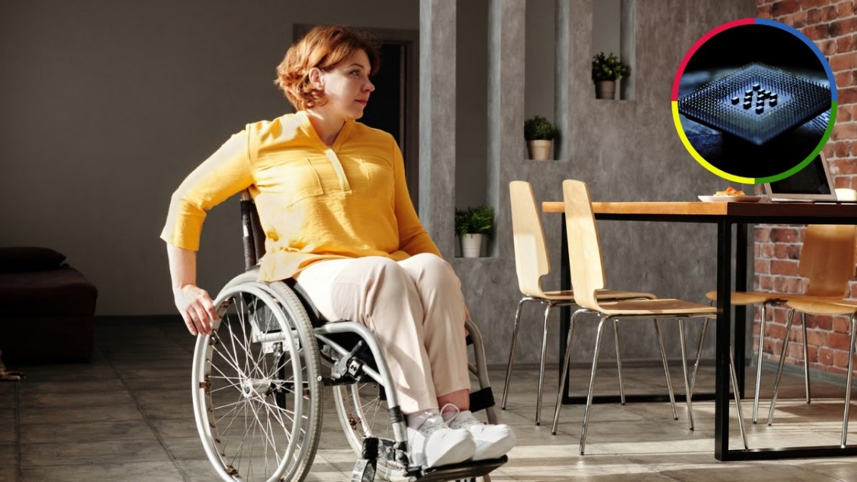 Woman using a wheelchair in a modern home interior, with an inset image showing a close-up of an artificial intelligence computer chip.