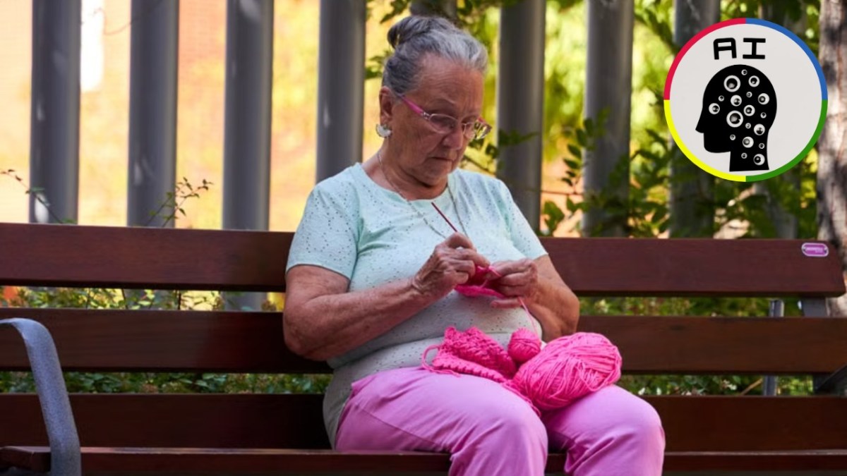 Older woman knitting with bright pink yarn while sitting on a park bench, with an inset graphic representing artificial intelligence.