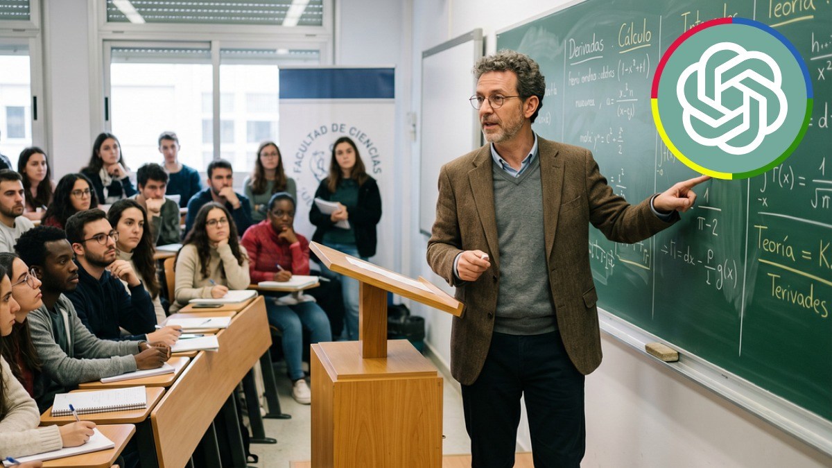 A professor teaching students in a university classroom with the ChatGPT logo overlaid in the upper-right corner.