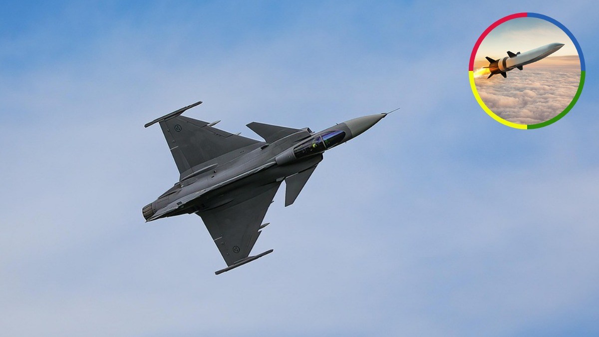 Fighter jet flying through a cloudy sky, with an inset graphic of a missile flying above the clouds.