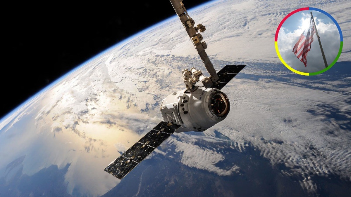 Spacecraft orbiting above Earth, with an inset image of the United States flag flying against a cloudy sky.
