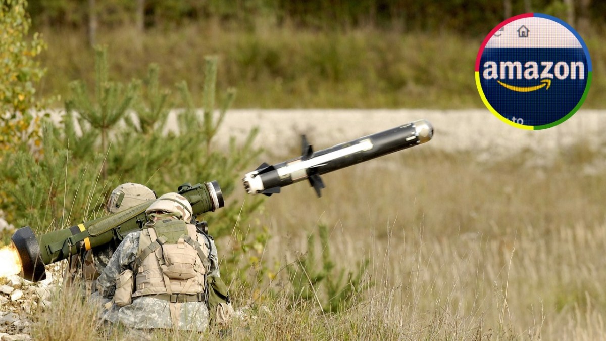 Soldier firing a missile from a shoulder-mounted launcher in a field, with an inset image of the Amazon logo displayed on a computer screen.
