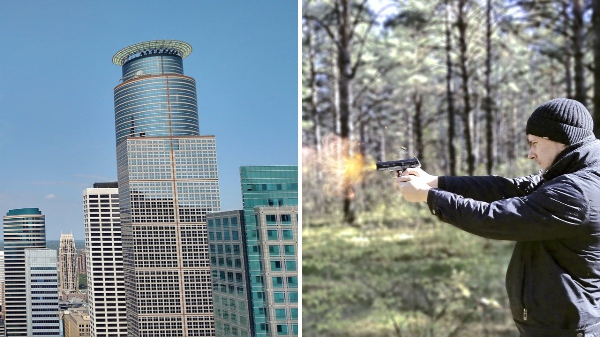 Side-by-side image showing the Minneapolis skyline and a person firing a handgun in a wooded area.