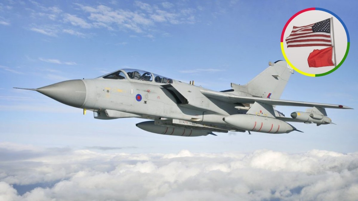 RAF Tornado GR4 fighter jet flying above clouds, with an inset image showing the United States flag and a red flag.