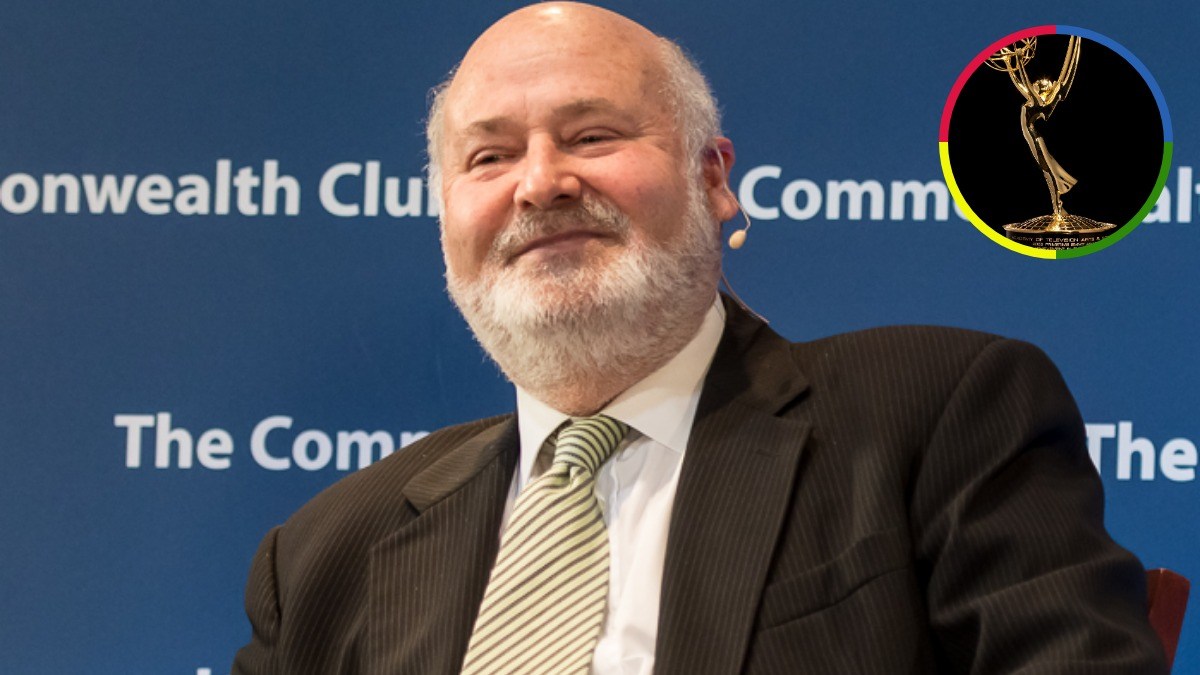 Rob Reiner speaking at the Commonwealth Club with an inset image of a Primetime Emmy Award.