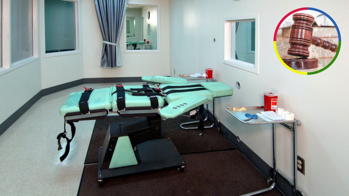 Lethal injection room with a restraint table and medical equipment, with an inset image of a judge’s gavel.