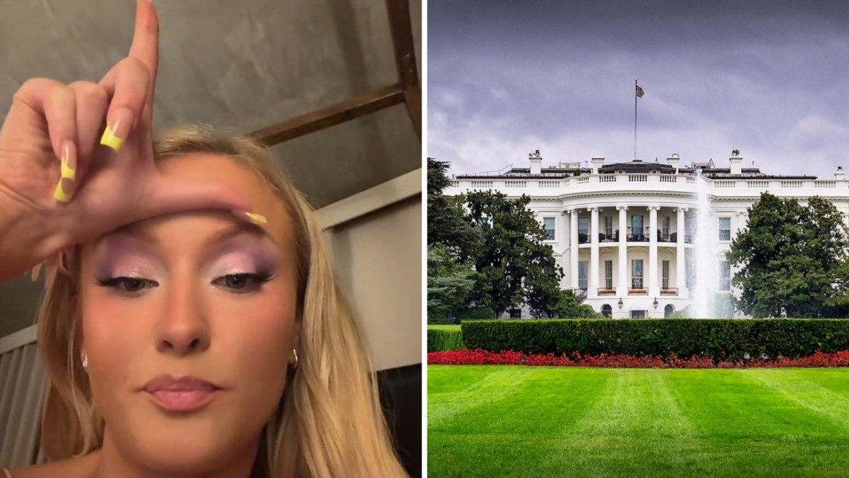 Side-by-side image showing Zara Larsson in a selfie video and the White House in Washington, D.C.