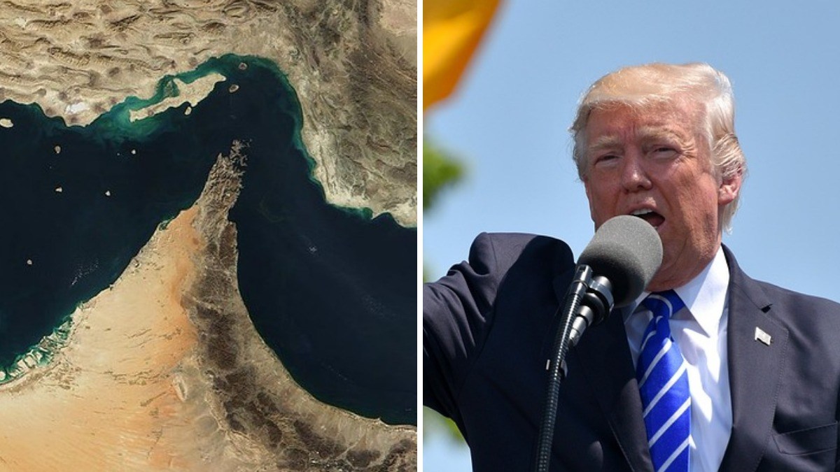 Side-by-side image showing a satellite view of the Strait of Hormuz and Donald Trump speaking at a microphone outdoors.