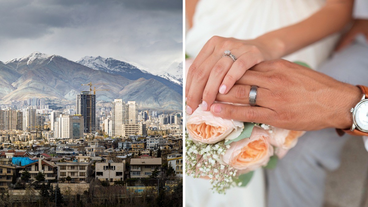 Side-by-side image showing the Tehran skyline beneath snow-capped mountains and a newlywed couple displaying their wedding rings.