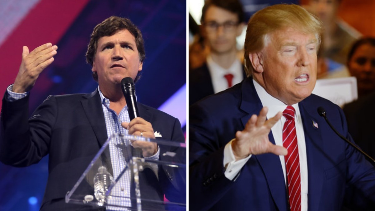 Side-by-side image showing Tucker Carlson speaking into a microphone at a podium and Donald Trump speaking and gesturing at an event.