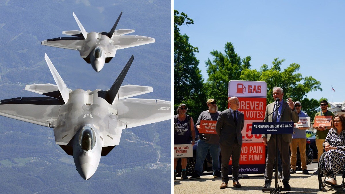 Side-by-side image showing two F-22 Raptor fighter jets in flight and a speaker addressing an anti-war rally outdoors.