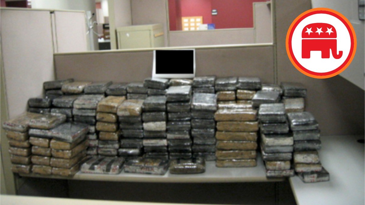 Stacked packages of seized drugs on a table with the Republican Party elephant logo overlaid in the upper-right corner.