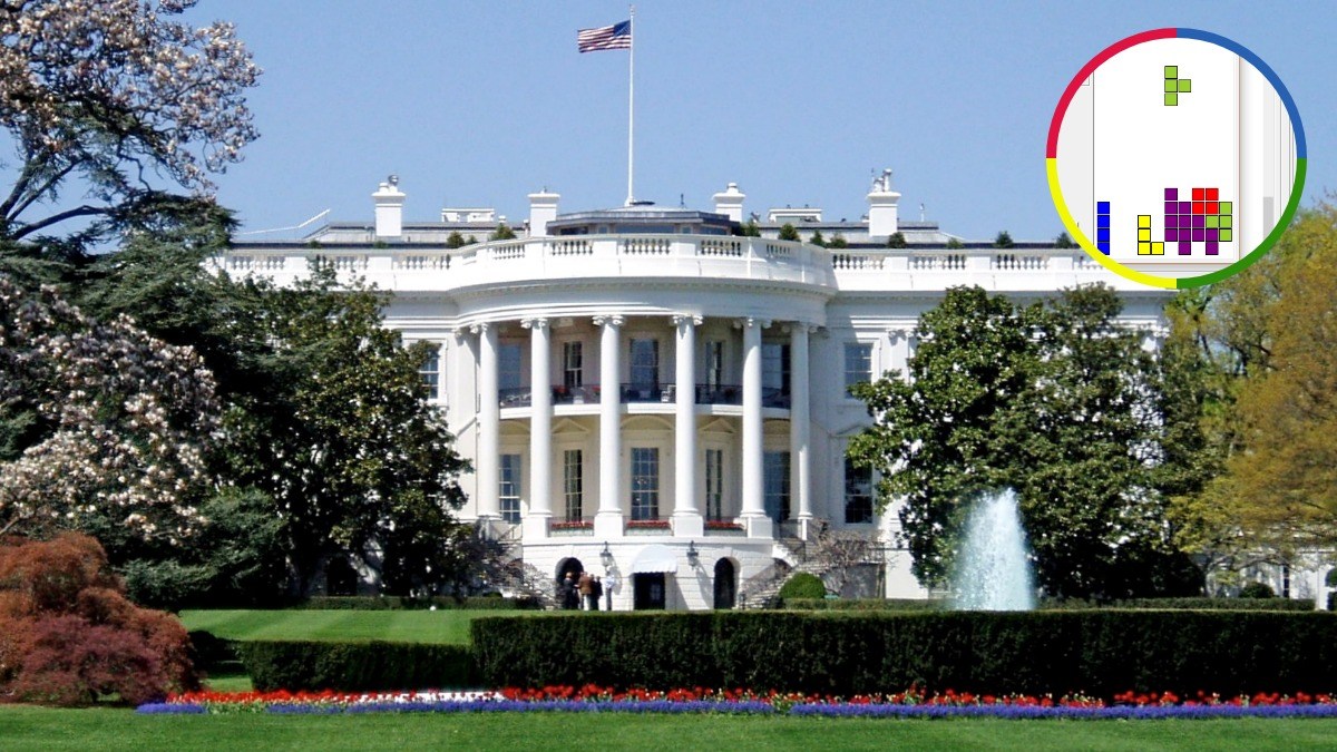 The White House South Facade with a circular Tetris game graphic overlaid in the upper-right corner.
