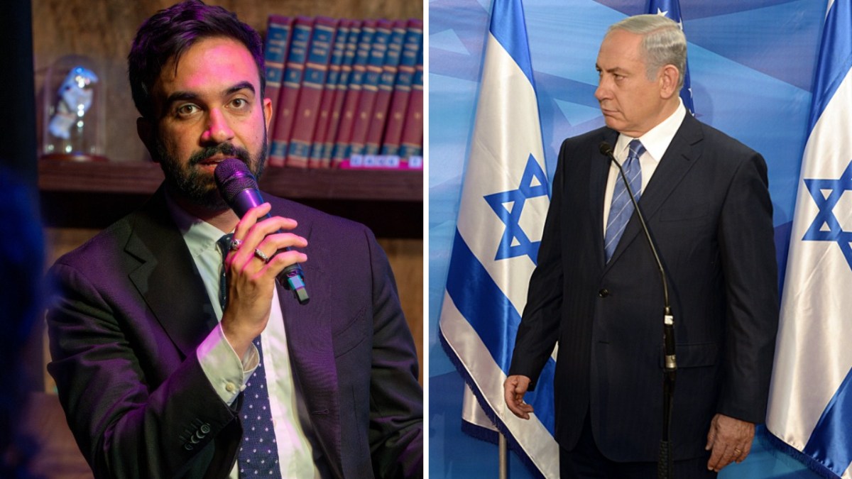 Side-by-side image showing Zohran Mamdani speaking into a microphone and Benjamin Netanyahu standing at a podium in front of Israeli flags.