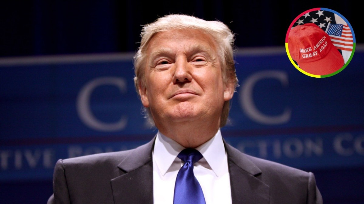 Donald Trump, a hat, and flag of USA